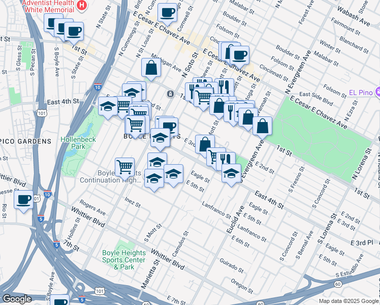 map of restaurants, bars, coffee shops, grocery stores, and more near 2617 East 4th Street in Los Angeles