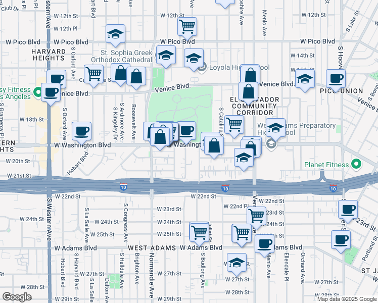 map of restaurants, bars, coffee shops, grocery stores, and more near 1800 West Washington Boulevard in Los Angeles