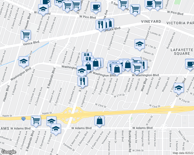 map of restaurants, bars, coffee shops, grocery stores, and more near 1900 South Longwood Avenue in Los Angeles