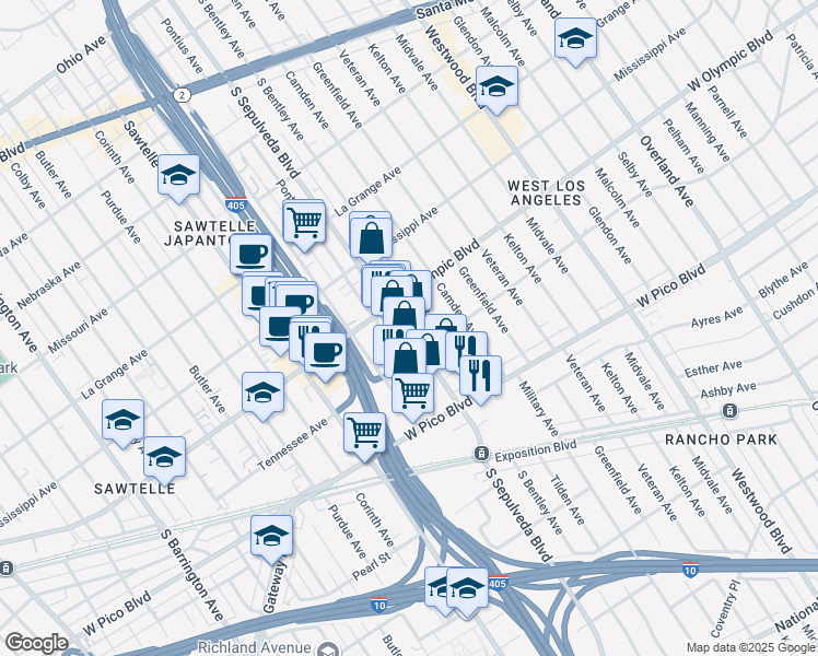 map of restaurants, bars, coffee shops, grocery stores, and more near 2226 South Sepulveda Boulevard in Los Angeles