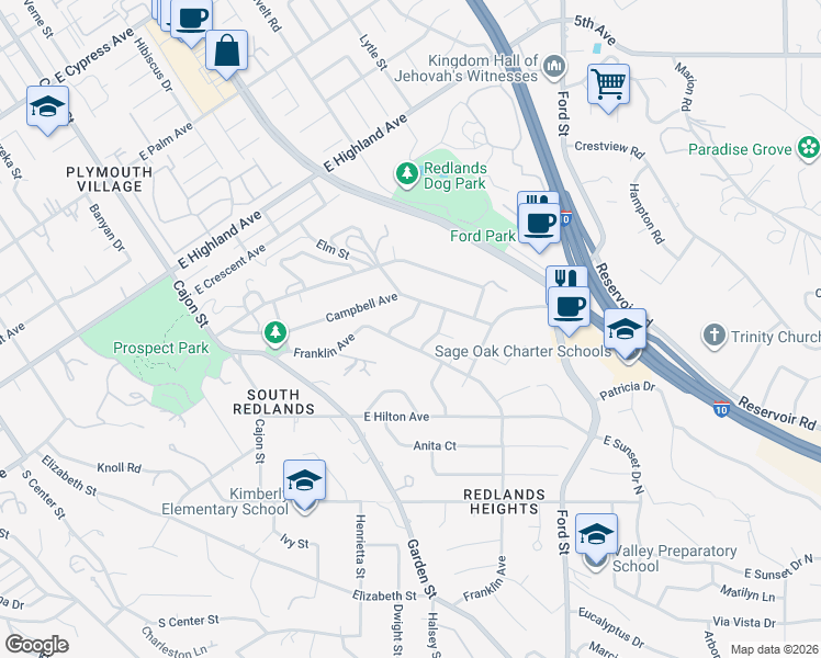 map of restaurants, bars, coffee shops, grocery stores, and more near 1357 Rhonda Lane in Redlands