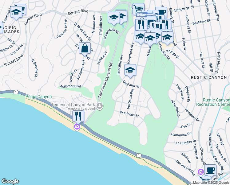 map of restaurants, bars, coffee shops, grocery stores, and more near 546 Radcliffe Avenue in Los Angeles