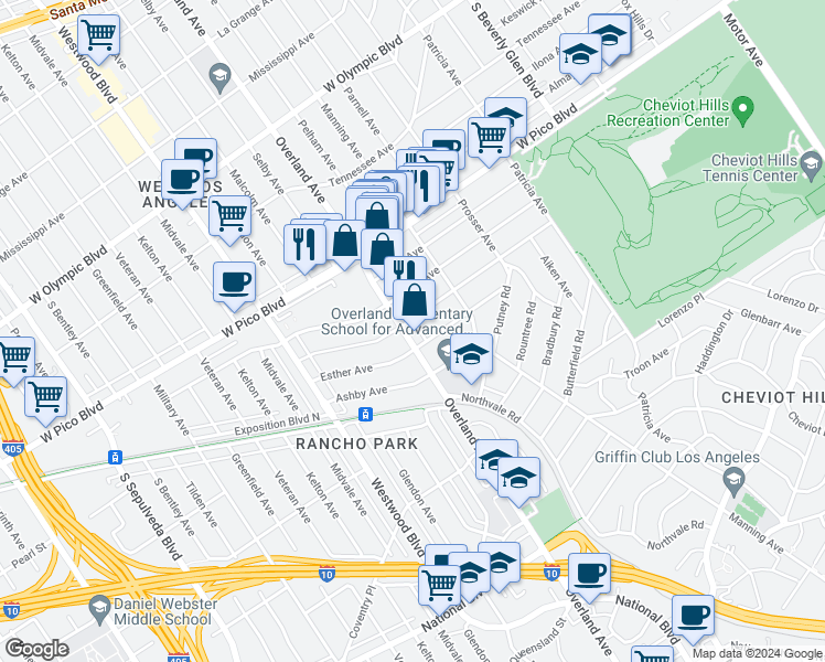 map of restaurants, bars, coffee shops, grocery stores, and more near 10649 Esther Avenue in Los Angeles