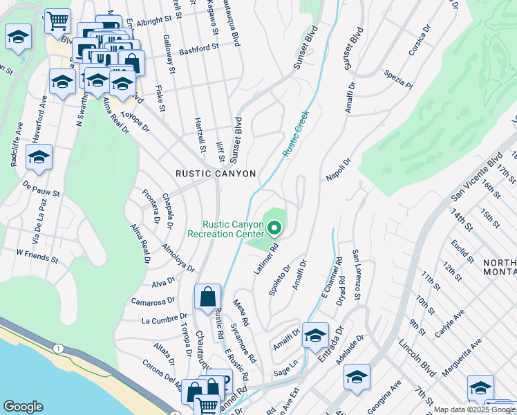 map of restaurants, bars, coffee shops, grocery stores, and more near 639 Hightree Road in Santa Monica