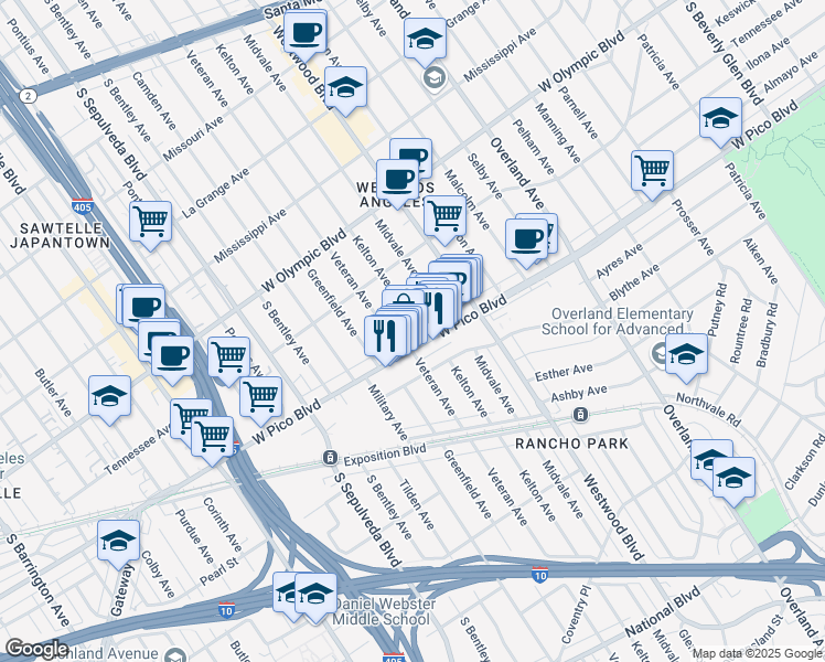 map of restaurants, bars, coffee shops, grocery stores, and more near 2371 Kelton Avenue in Los Angeles