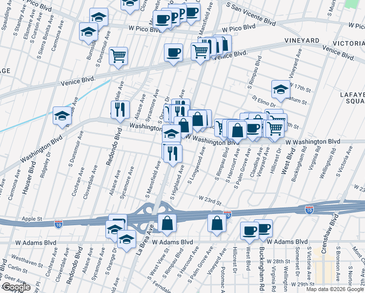 map of restaurants, bars, coffee shops, grocery stores, and more near 4933 20th Street in Los Angeles