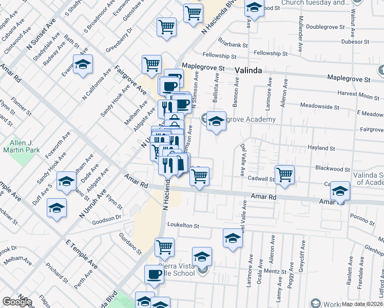 map of restaurants, bars, coffee shops, grocery stores, and more near 15513 Blackwood Street in La Puente