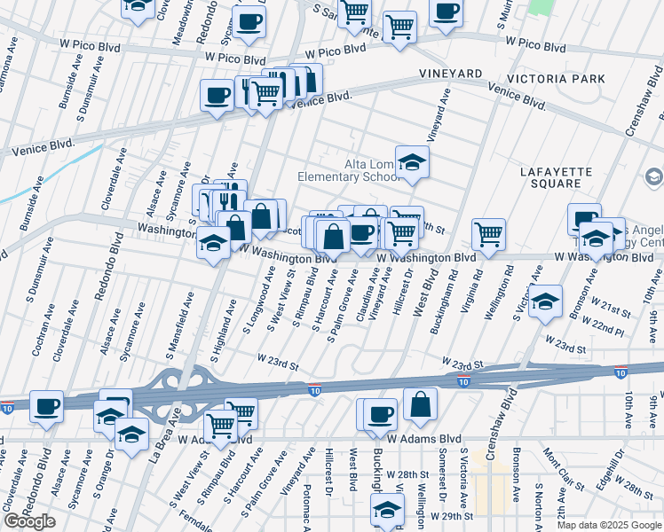 map of restaurants, bars, coffee shops, grocery stores, and more near 1905 South Harcourt Avenue in Los Angeles