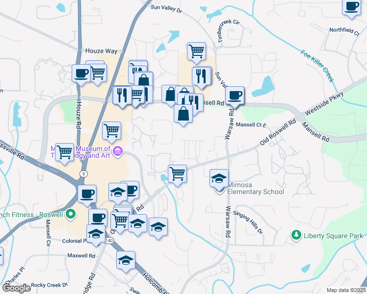 map of restaurants, bars, coffee shops, grocery stores, and more near 1286 Lowe Lane in Roswell