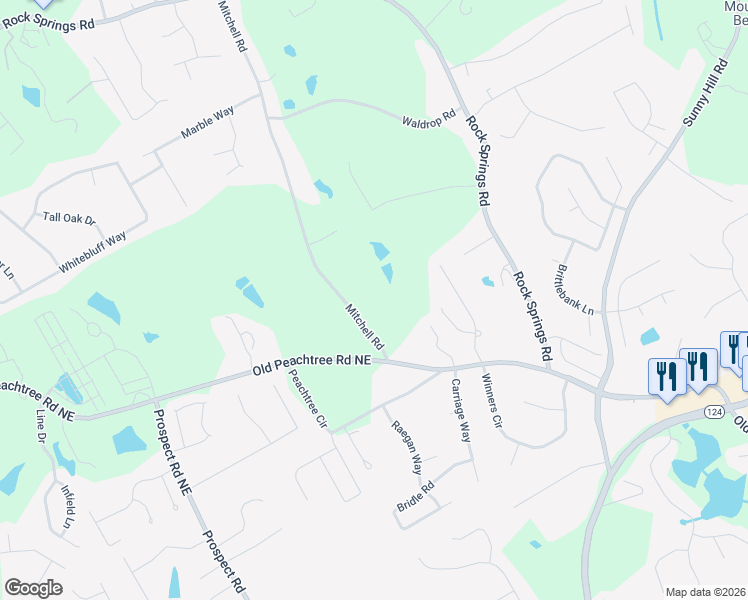 map of restaurants, bars, coffee shops, grocery stores, and more near 2225 Mitchell Road in Lawrenceville