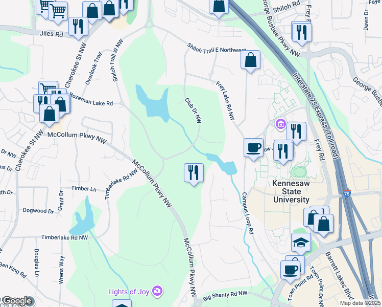 map of restaurants, bars, coffee shops, grocery stores, and more near 3548 Club Drive Northwest in Kennesaw