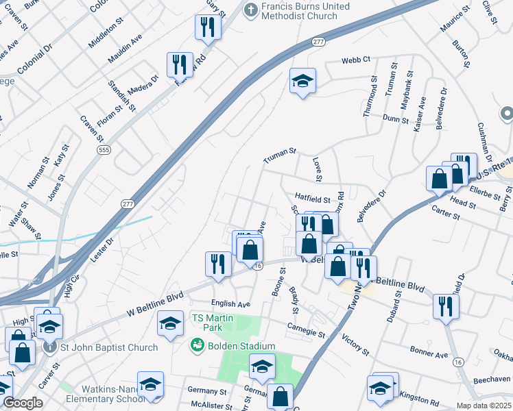 map of restaurants, bars, coffee shops, grocery stores, and more near 3028 Truman Street in Columbia