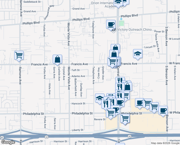 map of restaurants, bars, coffee shops, grocery stores, and more near 11771 Lester Avenue in Chino