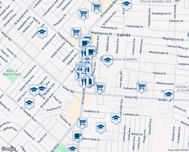 map of restaurants, bars, coffee shops, grocery stores, and more near 15509 Blackwood Street in La Puente