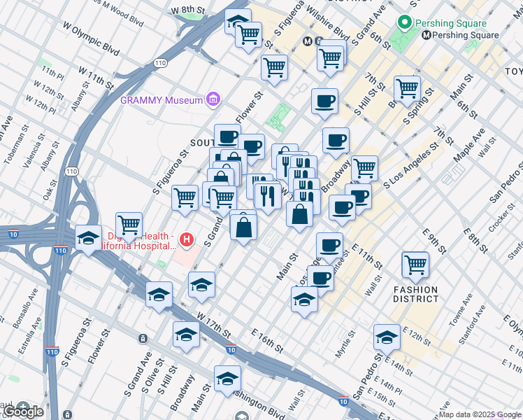 map of restaurants, bars, coffee shops, grocery stores, and more near 1150 South Olive Street in Los Angeles