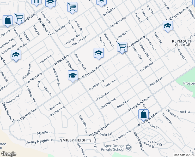map of restaurants, bars, coffee shops, grocery stores, and more near 635 Harding Drive in Redlands