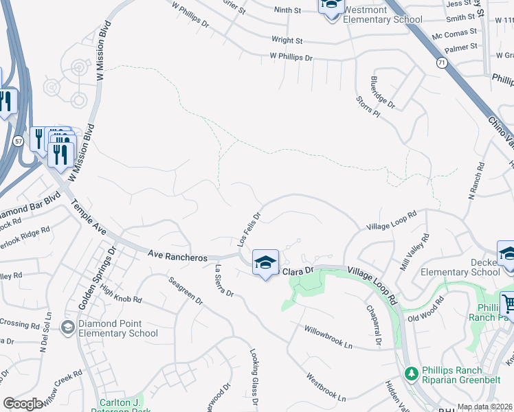 map of restaurants, bars, coffee shops, grocery stores, and more near 1 El Vecino Place in Pomona