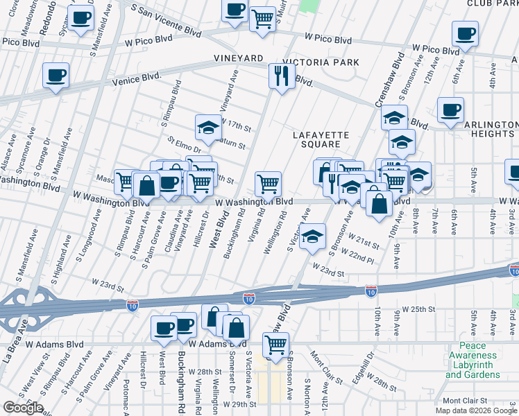map of restaurants, bars, coffee shops, grocery stores, and more near 4400 West Washington Boulevard in Los Angeles