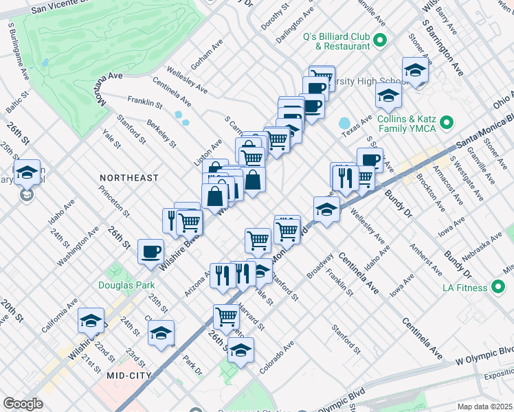 map of restaurants, bars, coffee shops, grocery stores, and more near 1240 Franklin Street in Santa Monica
