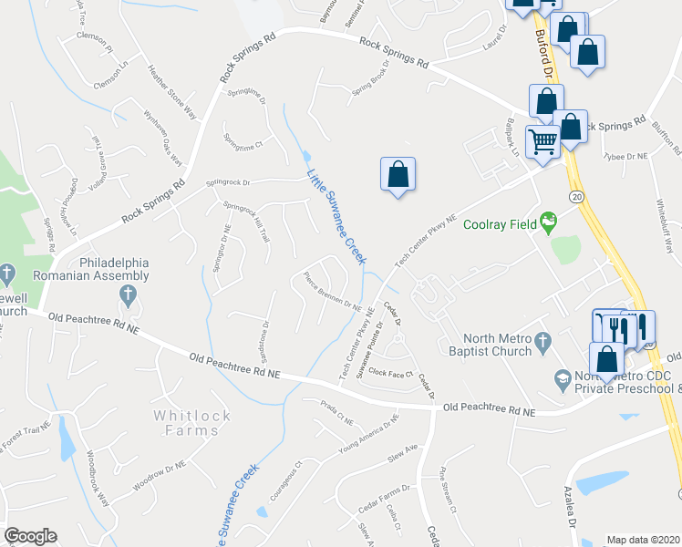 map of restaurants, bars, coffee shops, grocery stores, and more near 2741 Pierce Brennen Court Northeast in Lawrenceville