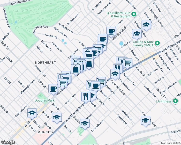 map of restaurants, bars, coffee shops, grocery stores, and more near 1240 Franklin Street in Santa Monica