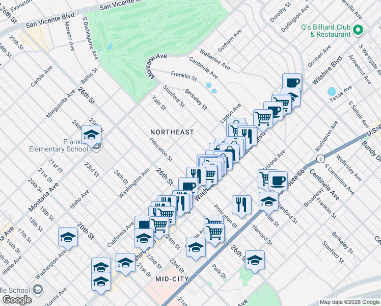 map of restaurants, bars, coffee shops, grocery stores, and more near 1045 Harvard Street in Santa Monica