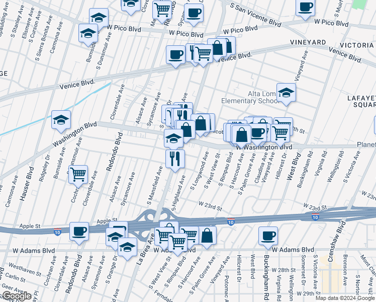 map of restaurants, bars, coffee shops, grocery stores, and more near 4925 20th Street in Los Angeles