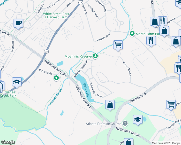 map of restaurants, bars, coffee shops, grocery stores, and more near 3390 Lake McGinnis Drive in Suwanee