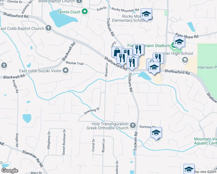 map of restaurants, bars, coffee shops, grocery stores, and more near 2231 Sims Drive Northeast in Marietta
