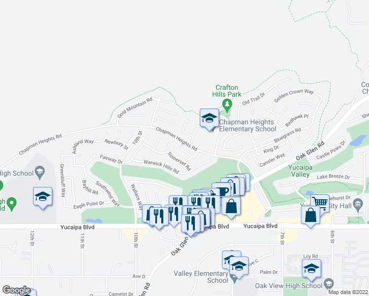 map of restaurants, bars, coffee shops, grocery stores, and more near 33498 Lansford Street in Yucaipa