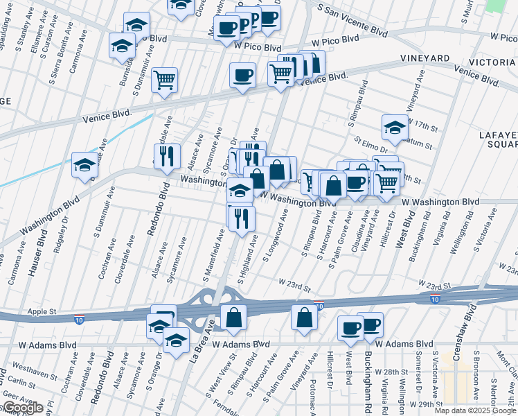 map of restaurants, bars, coffee shops, grocery stores, and more near 4925 20th Street in Los Angeles