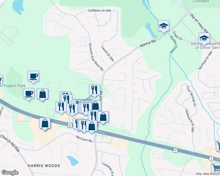 map of restaurants, bars, coffee shops, grocery stores, and more near 3522 Acworth Due West Road in Kennesaw