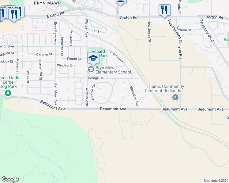 map of restaurants, bars, coffee shops, grocery stores, and more near 26480 Veronica Court in Loma Linda
