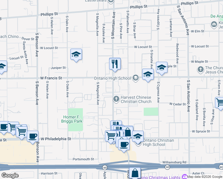 map of restaurants, bars, coffee shops, grocery stores, and more near 1109 West Francis Street in Ontario