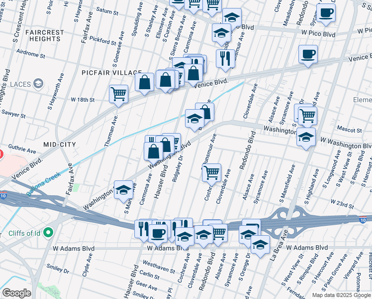 map of restaurants, bars, coffee shops, grocery stores, and more near 5336 Washington Boulevard in Los Angeles