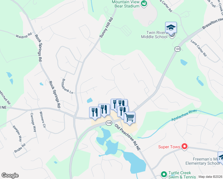 map of restaurants, bars, coffee shops, grocery stores, and more near 1974 Firelight Lane in Buford
