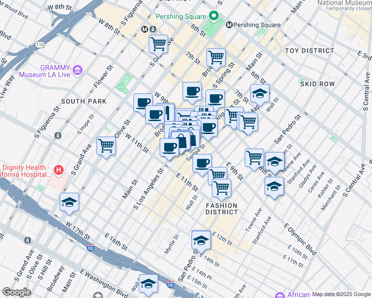 map of restaurants, bars, coffee shops, grocery stores, and more near 950 S Los Angeles St in Los Angeles
