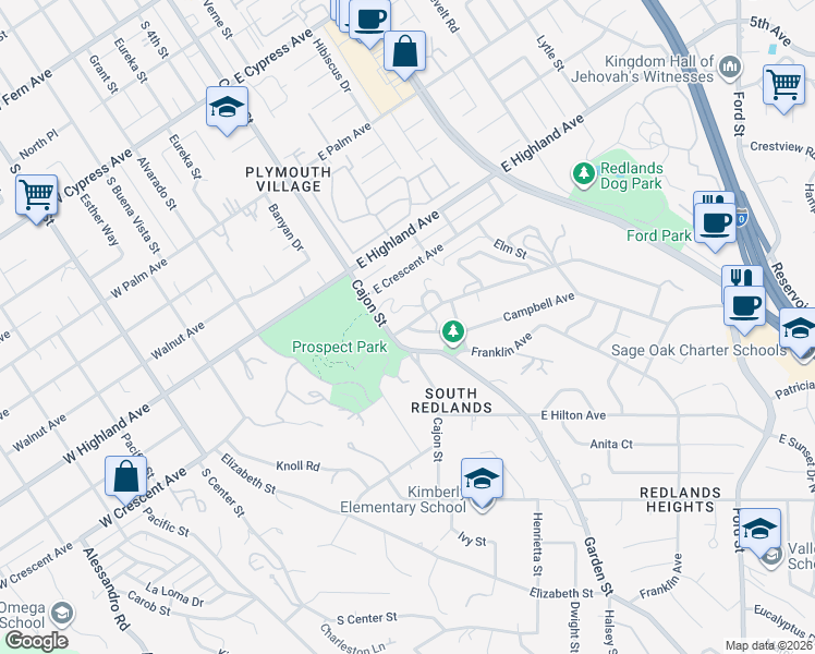 map of restaurants, bars, coffee shops, grocery stores, and more near 0 Campbell Avenue in Redlands
