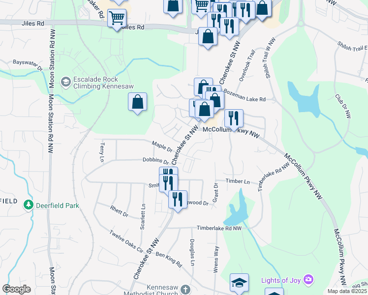 map of restaurants, bars, coffee shops, grocery stores, and more near 3550 Cherokee Street Northwest in Kennesaw