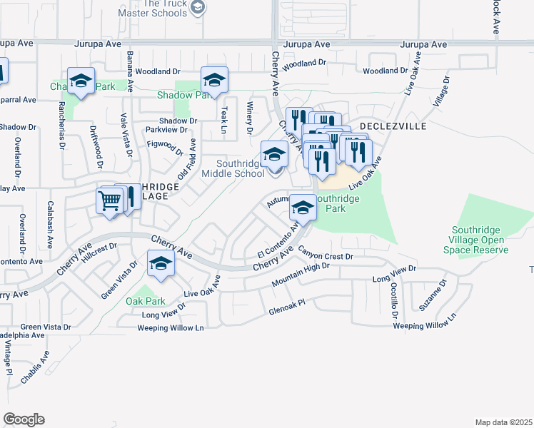 map of restaurants, bars, coffee shops, grocery stores, and more near 14445 Elderwood Drive in Fontana