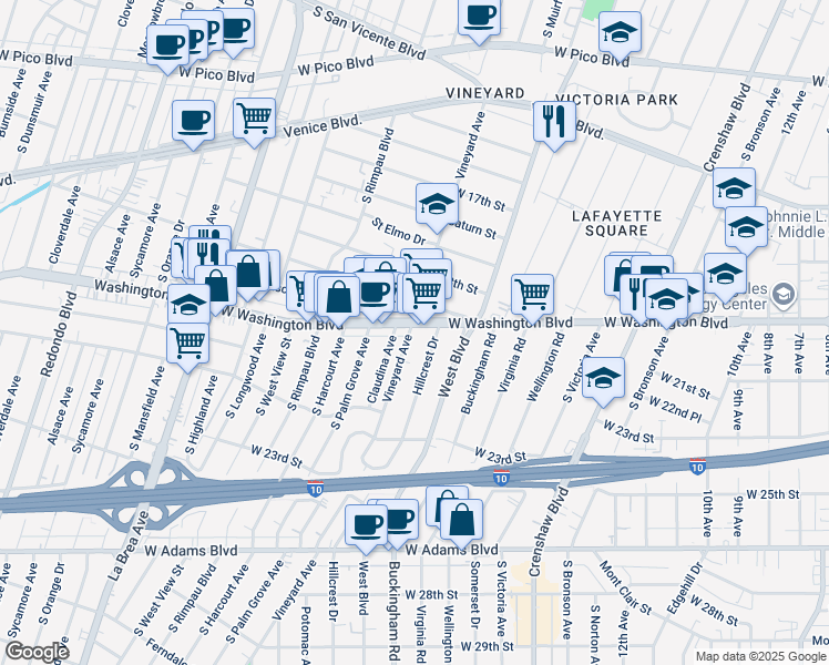 map of restaurants, bars, coffee shops, grocery stores, and more near in Los Angeles