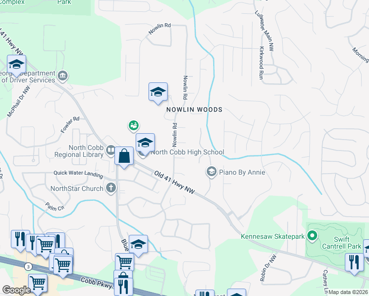 map of restaurants, bars, coffee shops, grocery stores, and more near 3354 Williamsburg Court Northwest in Kennesaw