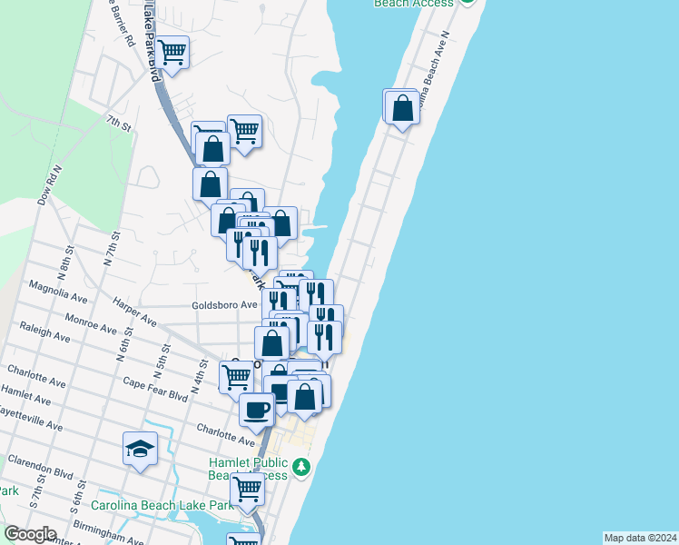 map of restaurants, bars, coffee shops, grocery stores, and more near 501 Canal Drive in Carolina Beach