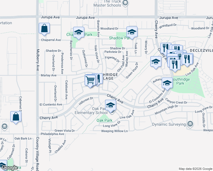 map of restaurants, bars, coffee shops, grocery stores, and more near 11774 Burl Drive in Fontana