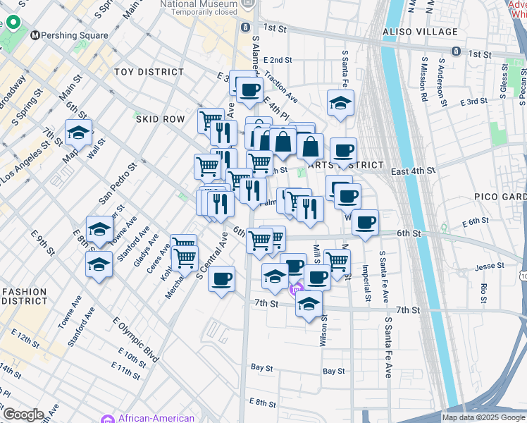 map of restaurants, bars, coffee shops, grocery stores, and more near 570 South Alameda Street in Los Angeles