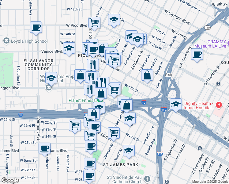 map of restaurants, bars, coffee shops, grocery stores, and more near 1102 West 18th Street in Los Angeles