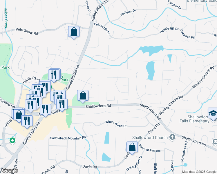 map of restaurants, bars, coffee shops, grocery stores, and more near 3705 Thornwood Way in Marietta