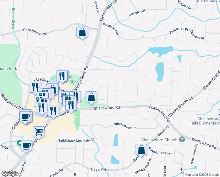 map of restaurants, bars, coffee shops, grocery stores, and more near 3662 Bramblewood Way in Marietta