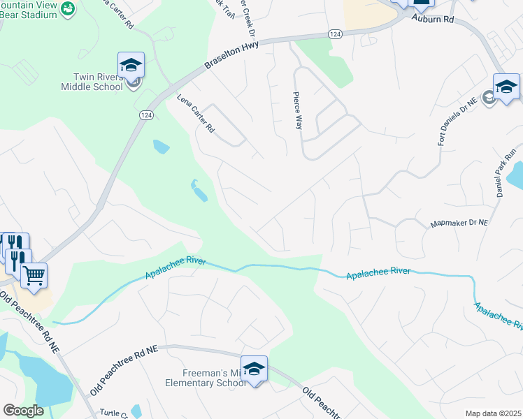 map of restaurants, bars, coffee shops, grocery stores, and more near 2216 Malden Hill Drive in Buford