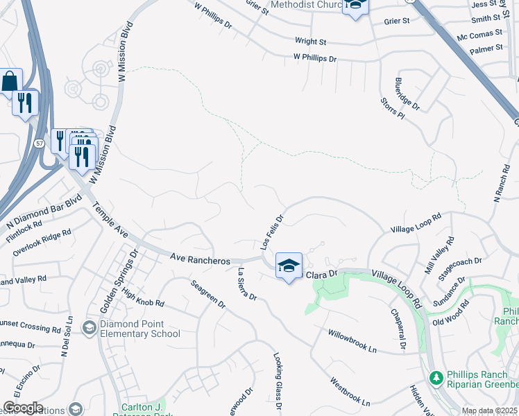 map of restaurants, bars, coffee shops, grocery stores, and more near 55 Los Coyotes Drive in Pomona